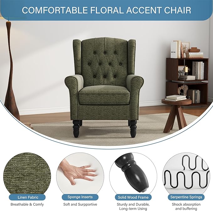 High Back Accent Chairs Set of 2, Upholstered Armchair Wingback Arm Chair for Living Room, Comfy Single Sofa Solid Wood Legs Bedroom Reading Seat - Green