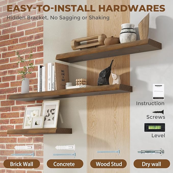 RICHFOCUS Live Edge Wood Floating Shelves for Wall 36" Natural Solid Wood Wall Mounted Shelf|8 Inch Deep Wooden Floating Shelves with Invisible Bracket for Bathroom Kitchen Room|2Pcs, Walnut