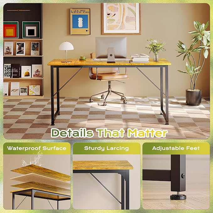 PRAISUN 55 Inch Computer Desk, Home Office Desk with Spacious Desktop, Modern Gaming Desk, Writing Study Table for Bedroom, Small Spaces, Work from Home Desk with Metal Frame, Retro Brown