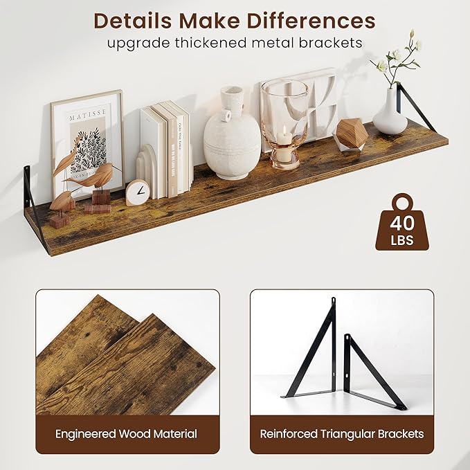 Axeman Deep Floating Shelves | 55 Inch Brown Wall Shelves Set of 2 | 10 Inch Deep Wood Floating Shelves for Wall | 55" W x 10" D Rustic Brown Shelves for Living Room Bathroom Kitchen