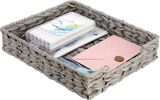 BTSKY Plastic A4 Paper Tray Organizer for Desktop Accessories, Hand-Woven File Holder with Sturdy Frame, All-in-One Storage for Letters, Magazines and Notebooks, Office and Home Supplies, Grey