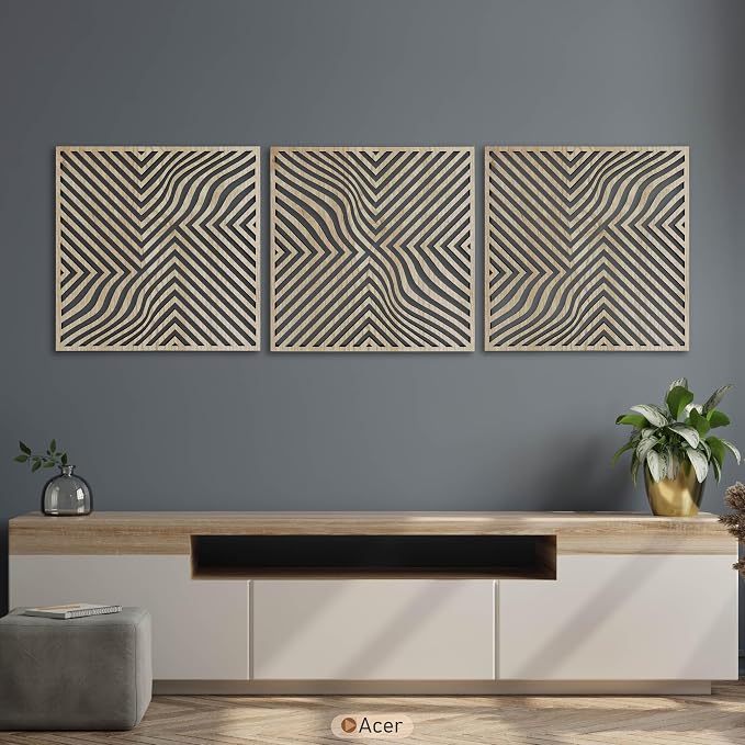 Modern Optical Wave Wood Wall Art Set, Extra Large Mid Century Wooden Decor, 3 Piece Geometric Flow Line Panels, Abstract Home Accent for Living Room and Bedroom
