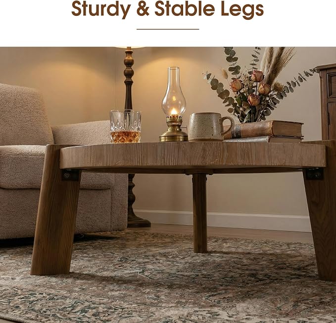 36.6" Round Coffee Table – Rustic Solid Wood & MDF Coffee Tables, Herringbone Design, Mid Century Modern Center Table with Tapered Legs, Natural Distressed Finish for Living Room, Natural Wood