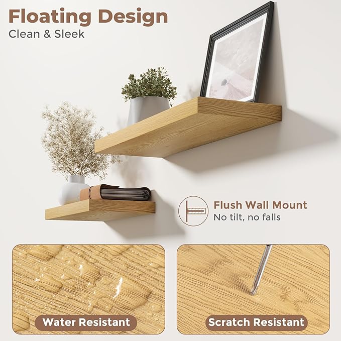 40 Inch Floating Shelves for Wall Set of 2, 8"D Wood Grain Bathroom Shelves with Invisible Brackets, Easy Install Engineered Wood Storage Shelves for Kitchen, Living Room, Bedroom, Oak Finish