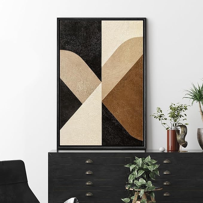 MUDECOR Framed Canvas Print Wall Art Neutral Geometric Texture Abstract Black Brown Beige Shapes Illustrations Fine Art Decorative Zen Multicolor Country/Farmhouse Retro for Bedroom - 16"x24" BLACK