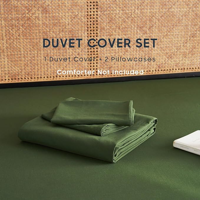 Wake In Cloud - Cotton Duvet Cover Set, 100% Washed Cotton, Linen Like Textured, Breathable Durable Comfy Farmhouse Neutral Bedding Set, 3 Pieces, Olive Green, Queen Size