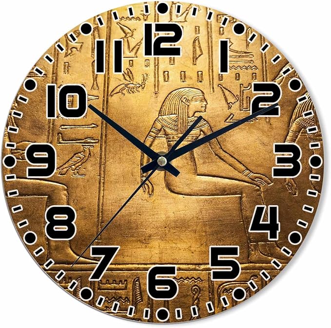 Egyptian Hieroglyphics Wall Clock Ancient Golden Art Historical Civilization Battery Powered Wall Clock Silent Non Ticking 10 Inch for Living Room, Kitchen, Home,Bathroom, Bedroom