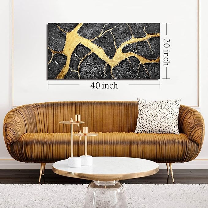 DNIEOTU Abstract Wall Art for Living Room, Black and Gold Hand-Painted Canvas Wall-Decor for Bedroom, 3D Textured Paintings, Size 40 x 20 Inches