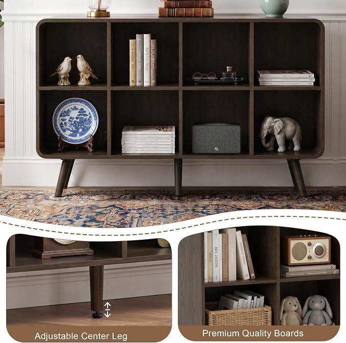 YOSHOOT 8 Cube Bookshelf - 46.5" Wood Cube Bookcase with Legs, Open Cubby Bookshelves with Curved Profile Design for Bedroom, Living Room,Home Office, Walnut