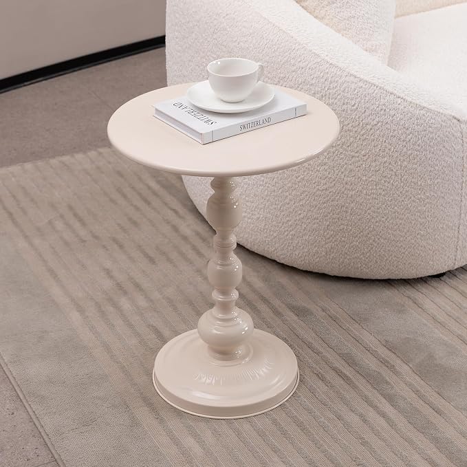 Vintage Metal Coffee Table, Round Cream White Side Table for Sofa or Bedside, Accent End Table for Small Space Living Room Bedroom