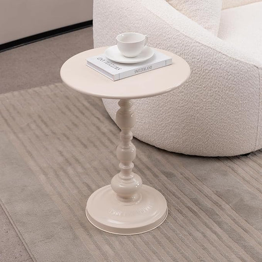 Vintage Metal Coffee Table, Round Cream White Side Table for Sofa or Bedside, Accent End Table for Small Space Living Room Bedroom