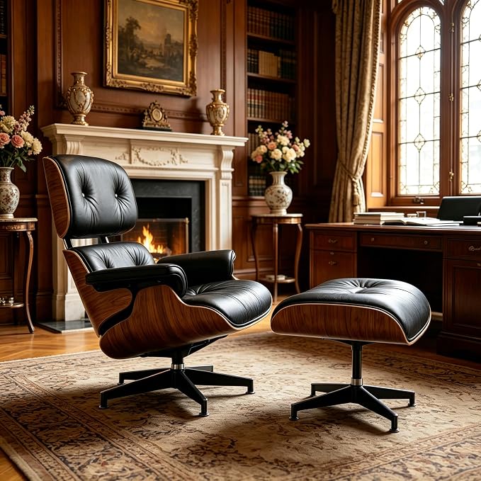 Mid Century Chaise Lounge Chair with Ottoman, Modern Retro Classic Design, PU Leather & Walnut Wood, Heavy Duty Metal Support, Comfortable for Living Room Bedroom Office（Black-Premium）
