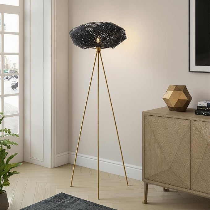 Handwoven Tripod Floor Lamp, Boho Bamboo Woven Lotus Shade Tall Standing Lamp, Black Metal Base for Living Room Bedroom Entryway, E26 Socket (Black)