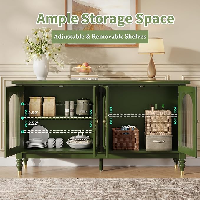 iPormis Fluted Arched Buffet Cabinet Set of 2, 59" Vintage Sideboard with Glass Door & Adjustable Shelves, Mid Century Modern Solid Wood Credenza Accent Cabinet for Living Room, Entryway, Green