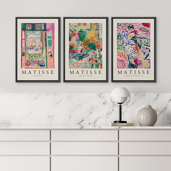 wall26 Framed Canvas Wall Art Print Set French Floral Rainbow Landscapes Henri Matisse Nature Plants Illustrations Modern Relax/Calm Multicolor for Living Room, Bedroom, Office - 24"x36"x3 Black