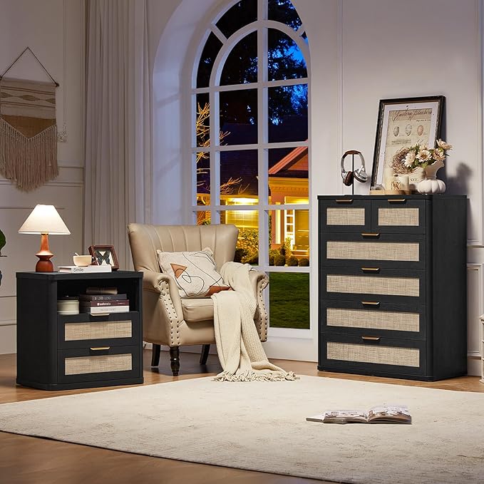LEYAOYAO Rattan Dresser for Bedroom, 42" Tall Chest of Drawers, Modern 6 Drawers Boho Dressers with Storage, Light Oak Dresser Wooden Closet Organizer for Living Room, Hallway, Black
