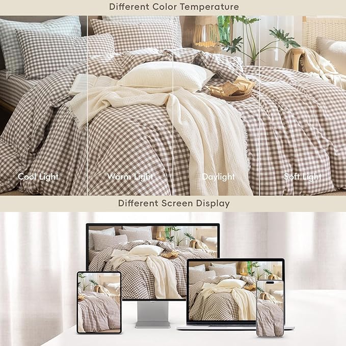 MooMee Gingham Duvet Cover Set 100% Washed Cotton Linen Like Textured Breathable Durable Soft Comfy Modern Checkered Design (Brown Gingham, Queen 90"x90")