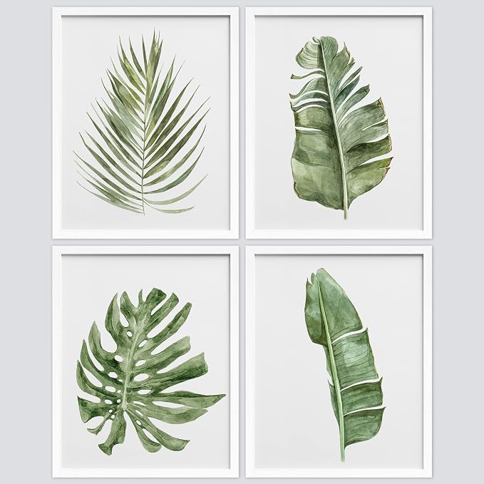 SIGNWIN Framed Banana Palm Monstera Leaf Wall Art, Set of 4 Green Pastel Wall Decor Prints, Nature Wilderness Wall Décor for Living Room, Bedroom - 11"x14" White