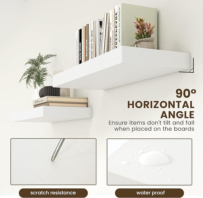 30 Inch Floating Shelves | 12 Inch Deep White Floating Shelves Set of 2 | 30" W x 12" D Rustic Wood Shelves for Wall | Deep White Shelves for Living Room Bathroom Laundry Room Kitchen