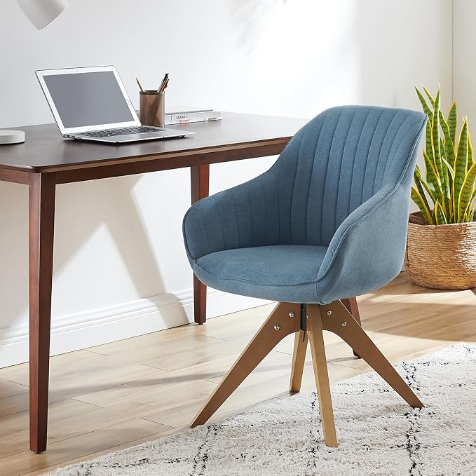 Art Leon Office Chair No Wheels, Mid Century Modern Desk Chair No Wheels, Swivel Accent Chair with Solid Wood Legs, Upholstered Arm Chair for Small Spaces Living Room Bedroom, Blue
