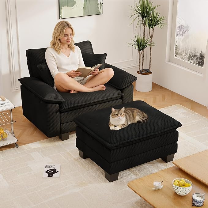 Chaise Lounge Chair Indoor, Oversized Accent Chairs with Ottoman, Luxury Corduroy Upholstered Deep Seat Sleeper Sofa Reading Chairs and A Half with Pillows for Living Room, Bedroom, Apartment, Black