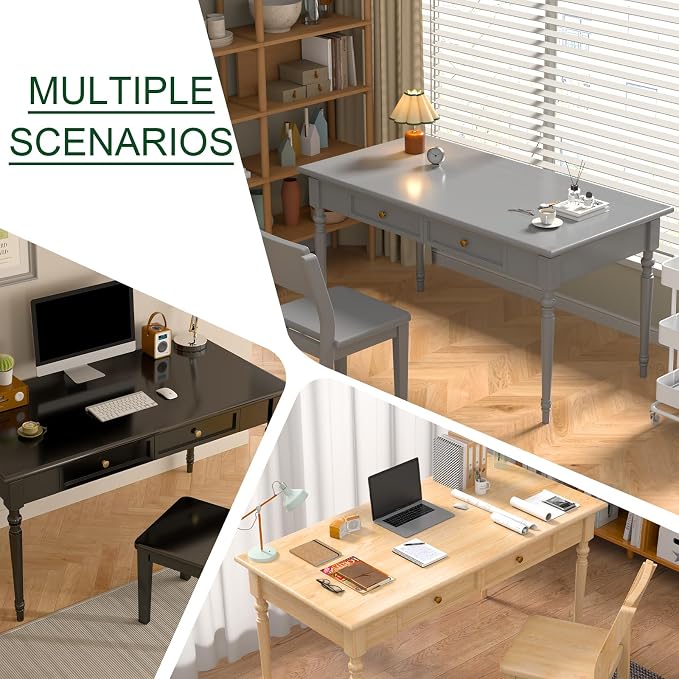 Solid Wood French Country Desk,Writing Desk with Storage Drawers,Farmhouse Computer Table Makeup Table Modern Simple Style,for Home Office Living Room Study Workspace Bedroom (Grey, 47.2IN)