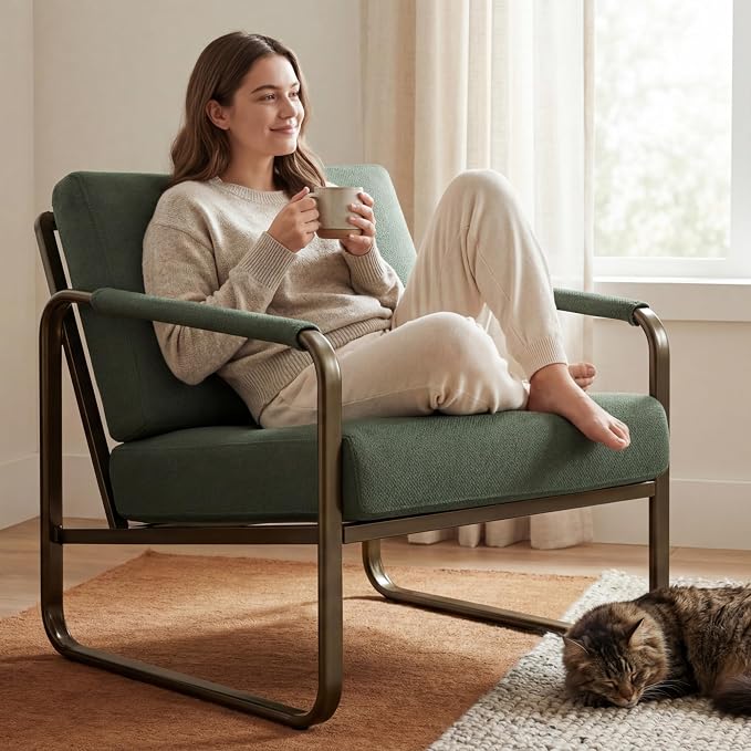 PrimeZone Mid-Century Modern Accent Chair - Comfy Fabric Living Room Chair, Lounge Armchair with Extra Soft Padded & Cushion, Ergonomic Accent Chair for Bedroom Office, Dark Green