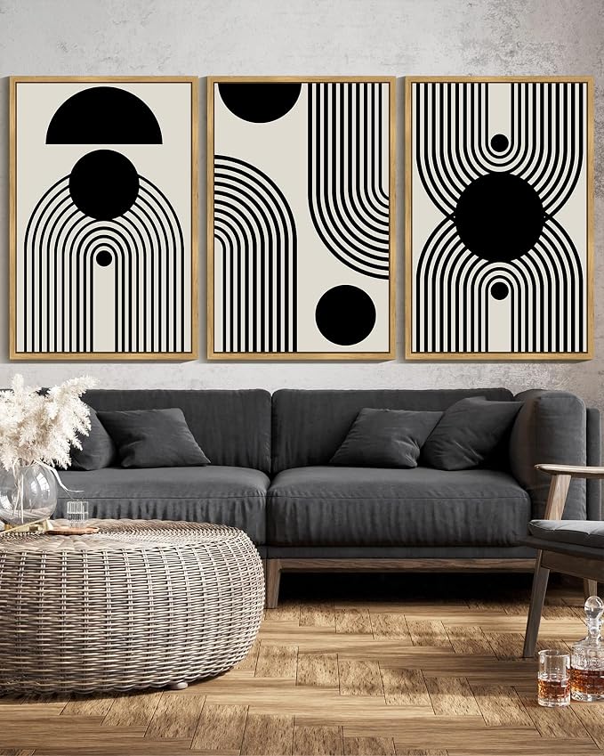 Drsoum Large 24x36in Black and White Abstract Framed Wall Art Decor Duotone Minimal Dark Brush Stroke Prints Shapes Illustrations Modern Art Decorative Ready To Hang - Natural Framed