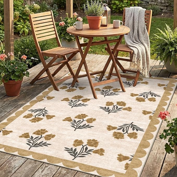 4x6 Covered Outdoor Patio Rug - Beige Washable Front Porch Entry Rug Non-Slip Door Mat Indoor Outside Entrance Floral Scalloped Area Rugs for Living Room Entryway Foyer Backyard Porch Decor