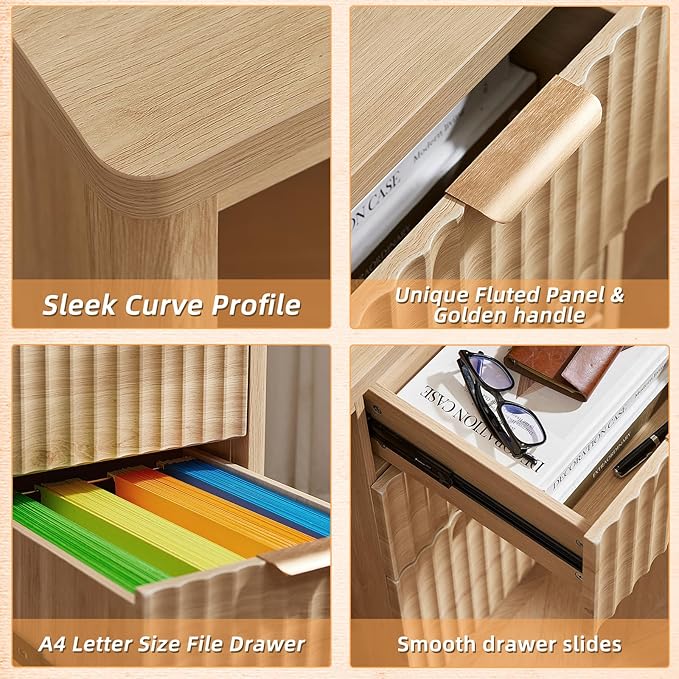 LEYAOYAO Office Desk 48" with 3 Drawers Storage File Cabinet Wood Fluted Desk for Computer Office Bedroom Home Furniture Natural