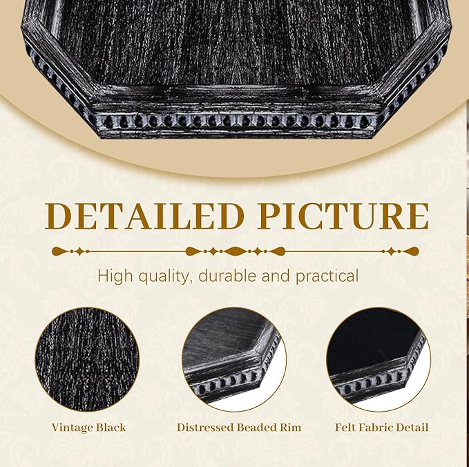 MAONAME Wood Serving Tray, Farmhouse Wooden Tray for Coffee Table, Octagonal Beaded Trays, Vintage Black Decorative Trays for Living Room, Kitchen, 15.7" X 10.2" X 1.6"