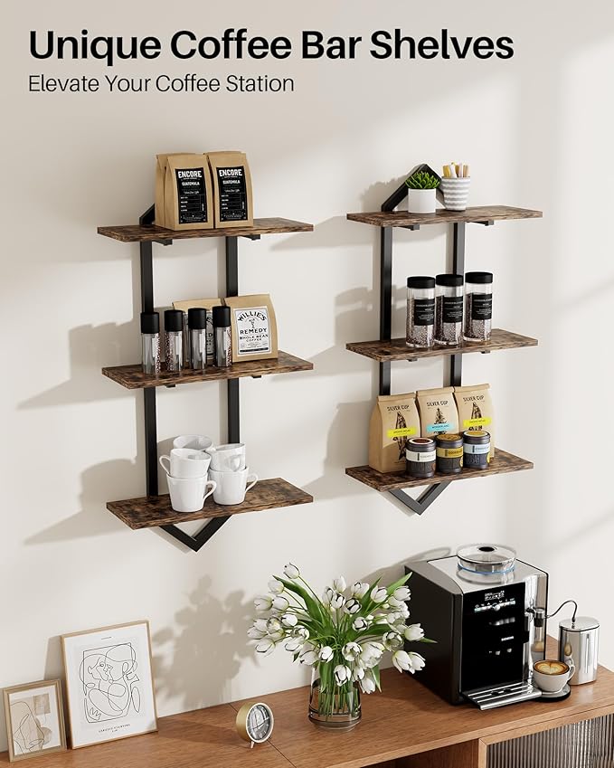 3 Tier Floating Shelves, Set of 2 Wall Shelves for Living Room, Modern Geometric Wooden Shelf for Wall Decor, Hanging Storage Shelf for Bedroom Bathroom Kitchen Home Office (Rustic Brown)