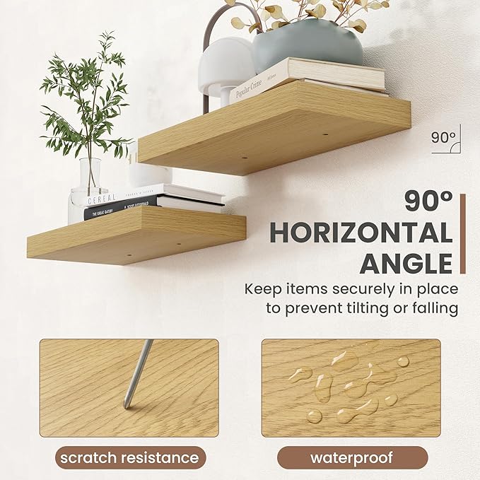 30 Inch Floating Shelves, 8 Inch Deep Floating Shelves for Wall, Hanging Shelf with Invisible Brackets, Deep Shelves for Bathroom, Bedroom, Living Room, Oak, Set of 2