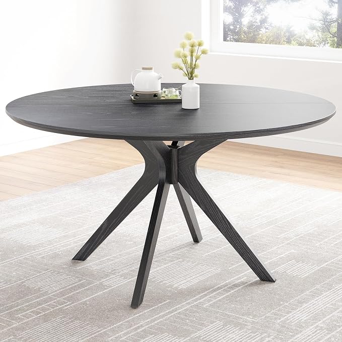 Soohow 47.2" Solid Wood Round Dining Table for 4-6 People with Intersecting Pedestal Base, Circle Kitchen Tables for Dining Room, Kitchen, Black