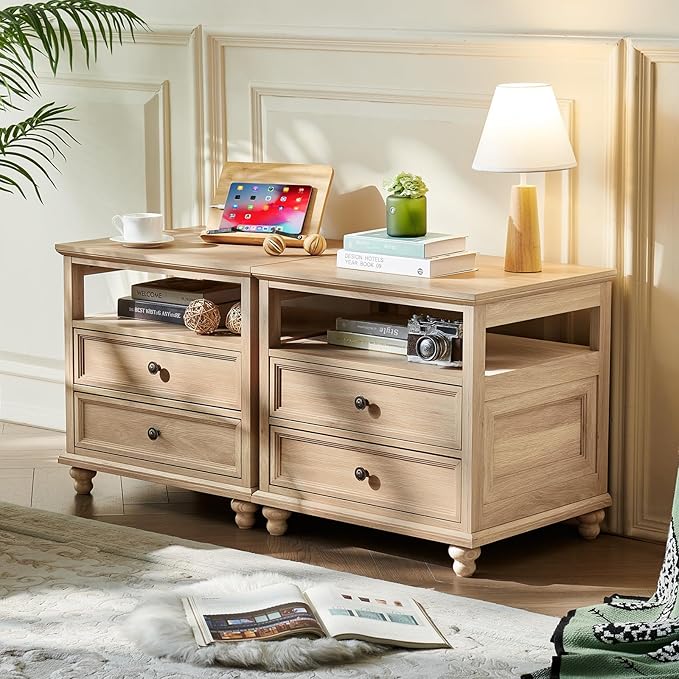 24" Wide Farmhouse Night Stand Set of 2,Large End Table with 2 Drawers & Metal Handle,Natural Wood Dresser for Bedroom, Bed Side Table Chest of Drawers Cabinet, Nightstand for Living Room