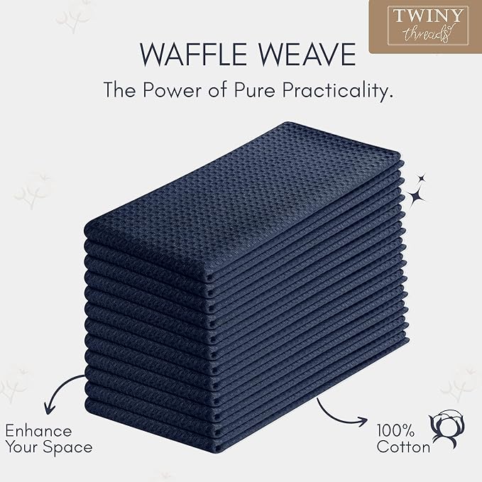 TWINY threads 100% Cotton Kitchen Towels (Set of 12) - Ultra Absorbent Waffle Weave Dish Towels with Hanging Loop - Quick Dry, Tea & Bar Towels for Cooking, Quick Drying - 16x26 Inch, Navy Blue