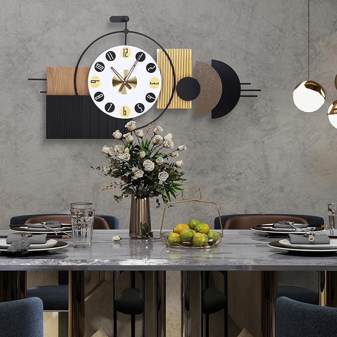 Luxury Modern Wall Clocks-Large Geometric Dial Wall Clock Battery Operated,Wood Metal Frame Big Clock Silent Non Ticking for Living Room, Bedroom,Kitchen,Office -42X21.6 Inch