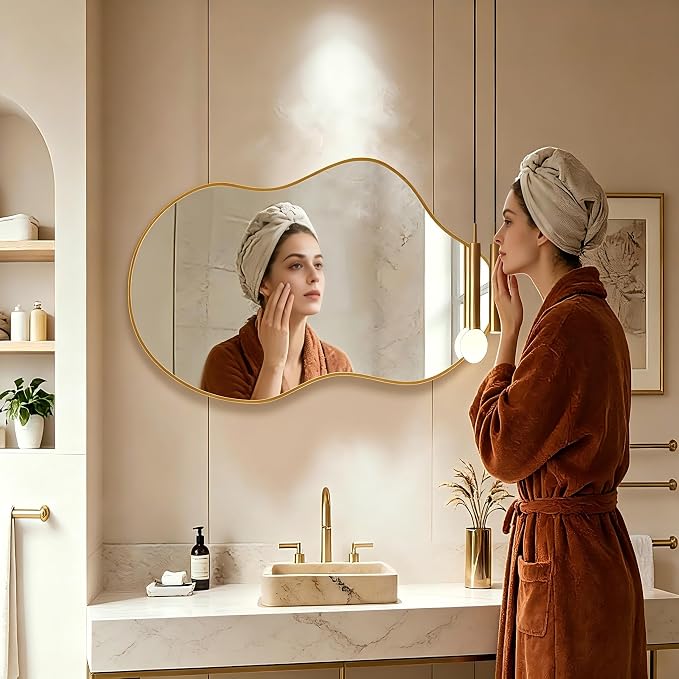 Irregular Asymmetrical Wall Mirror 26x48 Inches - Decorative Tempered Glass with Modern Aluminum Alloy Frame, Gold Abstract Cloud Mirror for Bathroom, Bedroom, Living Room, Entryway, Cloakroom