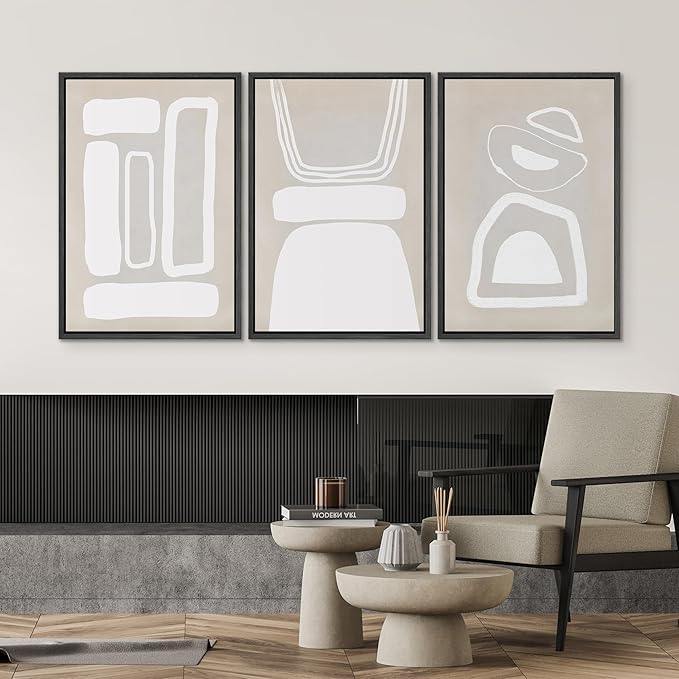 SIGNWIN Framed Canvas Print Wall Art Set Mid-Century Boho Geometric Polygons Abstract Shapes Cozy Neutral Modern Art Decorative Contemporary Minimal for Living Room, Bedroom, Office - 16"x24"x3 Black