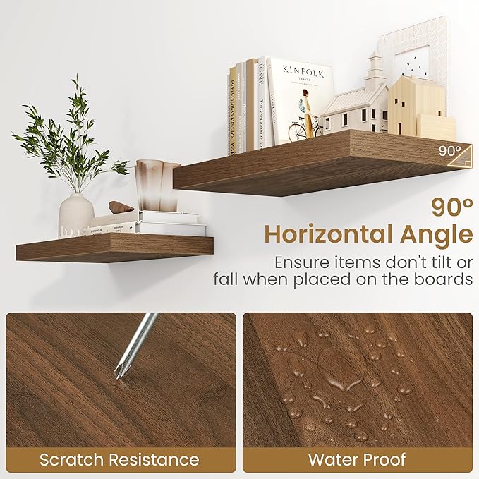 24"W x 9.3"D Floating Shelves for Wall, Wall Mounted Bathroom Shelves 2 Pack Deep Floating Shelf for Bedroom Kitchen Living Room, Rustic Wooden Wall Shelf with Invisible Bracket for Books Decor