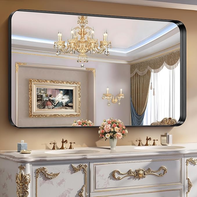 CIRCUMI Black Bathroom Mirror, 36"x60" Rectangular Mirror with Deep Metal Frame, Rounded Corner, Tempered Glass, Large Mirror for Wall, Over 2 Sinks, Installed Vertically/Horizontally, Crystal-Clear