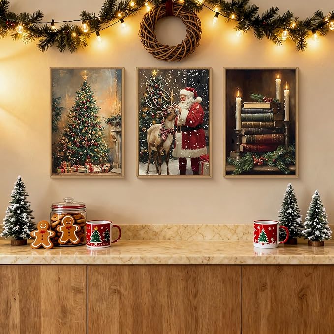FWIEXA Christmas Santa Claus Reindeer Canvas Wall Art Set 3, Vintage Xmas Pine Tree Framed Prints, Dark Winter Snow Pictures Wall Decor,16x24In Book Bells Candles Artwork for Holiday,Gift,Living Room,Bedroom