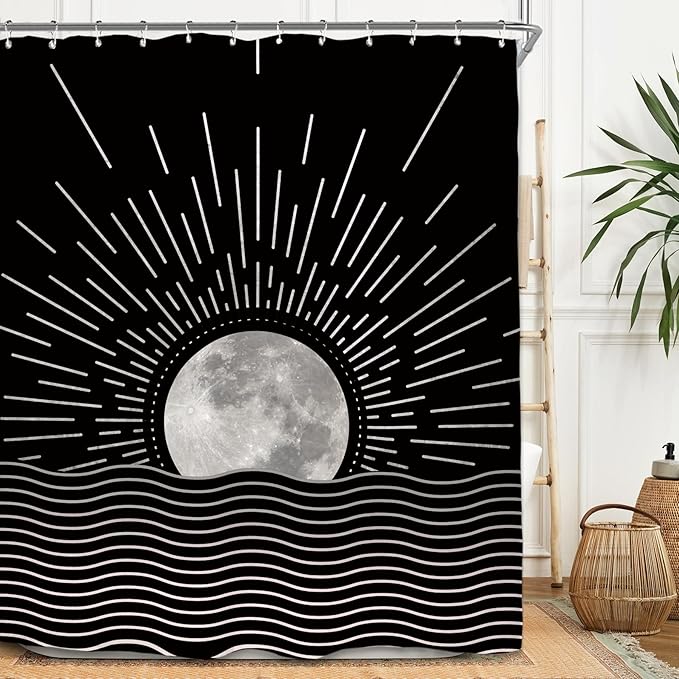 Miyotaa Black Abstract Moon Sun Minimalist Shower Curtain Set 60Wx71H Inches Sunrise Sunset Vintage Aesthetic Retro Modern Mid Century Polyester Waterproof Bathroom Curtain with 12 Hooks