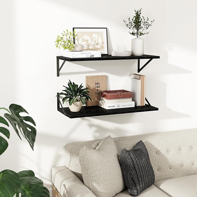 Dreamland Floating Shelves for Wall, 12 Inch Deep Floating Shelves Set of 2, 30W x 12D Large Wall Shelf with Sturdy Metal Brackets for Living Room, Bathroom, Bedroom and Kitchen, Black