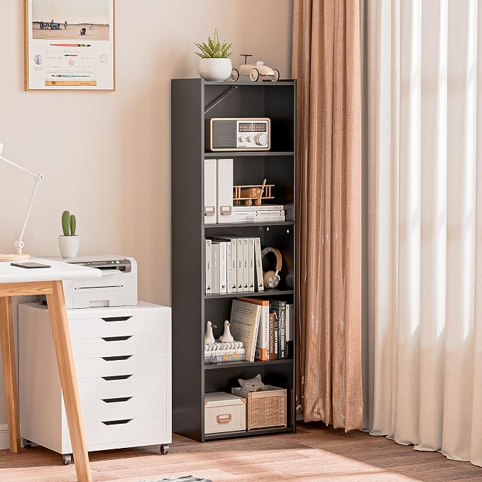 SUPER DEAL 5-Tier Bookcase and Bookshelf, Open Storage Shelves Narrow Tall Freestanding Cube Display Shelf for Bedroom Home Office Apartment Small Spaces, 52 Inch Black