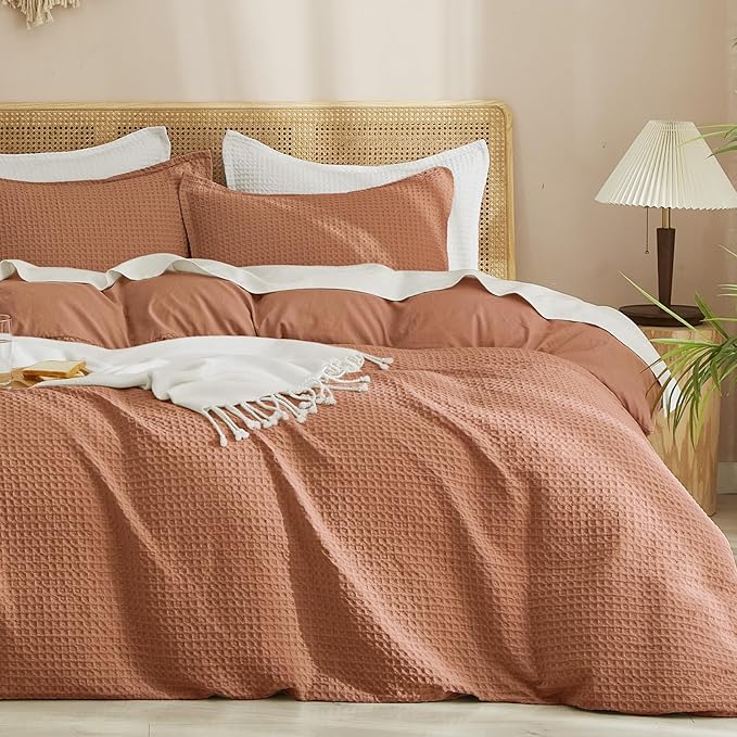 PHF Waffle Weave Duvet Cover Set King Size, No Snagging Ultra Soft Luxury Textured Breathable Comforter Cover for All Season 3pcs, Durable Bedding Duvet Set with 2 Pillow Shams, 104"x90", Terra Cotta