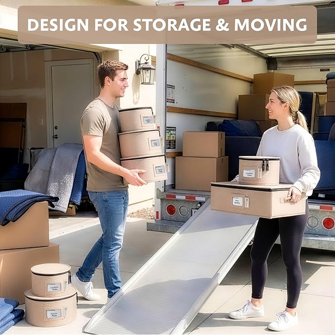 China Storage Hard Shell Containers 5-Piece Set Moving Boxes for Dinnerware, Glasses, Plates, Mugs and Saucers Sturdy Dish Organizer with Dividers for Seasonal Storage - Service for 12 - Brown
