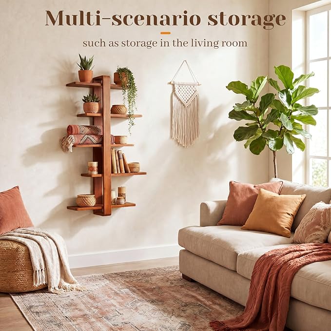 Pinkunn Floating Shelves for Wall, 5 Tier Wall Mounted Shelf Unit with 19.7 Inch Pine Wood Shelves and Walnut Frame, Decorative Plant Photo Book Display Shelf for Living Room Bedroom Bathroom