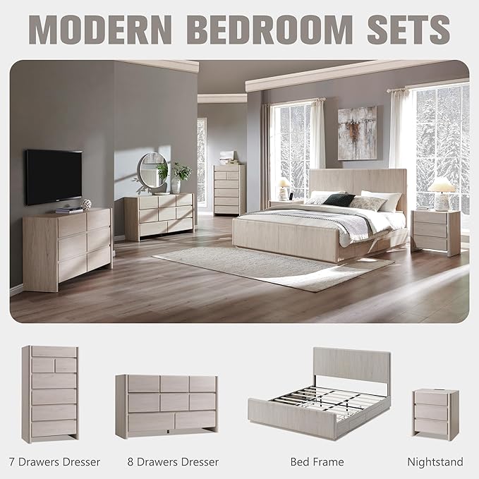 Modern 8 Drawers Dresser for Bedroom, 55" Wide Dresser w/Large Storage & Rounded Corner, Wood Handleless Chests of Drawers w/Natural Texture for Bedroom, Hallway, Living Room-Cream