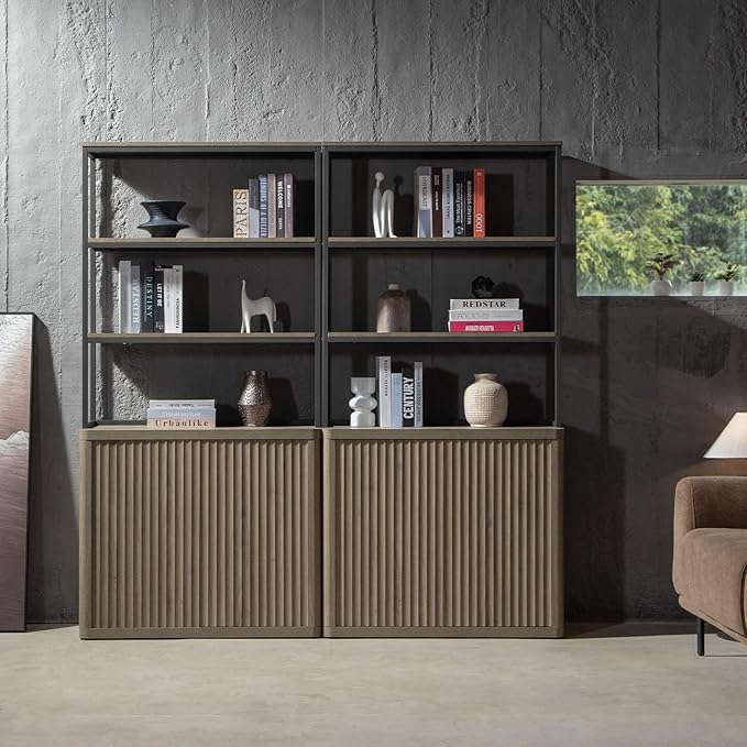 SICOTAS Book Shelf Fluted Bookshelf 71" Tall Bookcase with Doors Storage 5 Tier Mid Century Modern Bookshelves Large Shelves Metal Book Cases for Living Room Office Bedroom Kitchen Library (2PCS)